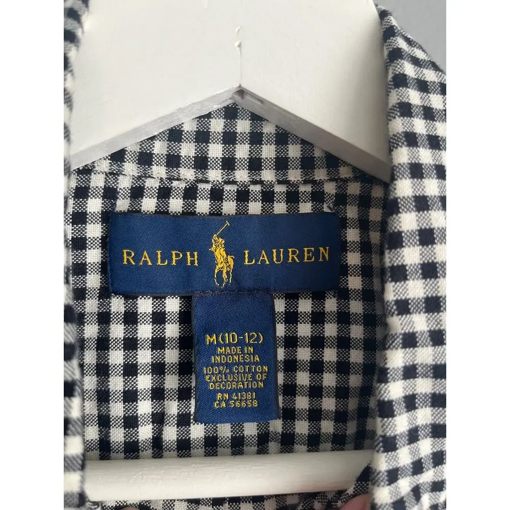 Ralph Lauren Kids M 10-12 Black White Gingham Check Button Down Shirt Preppy
